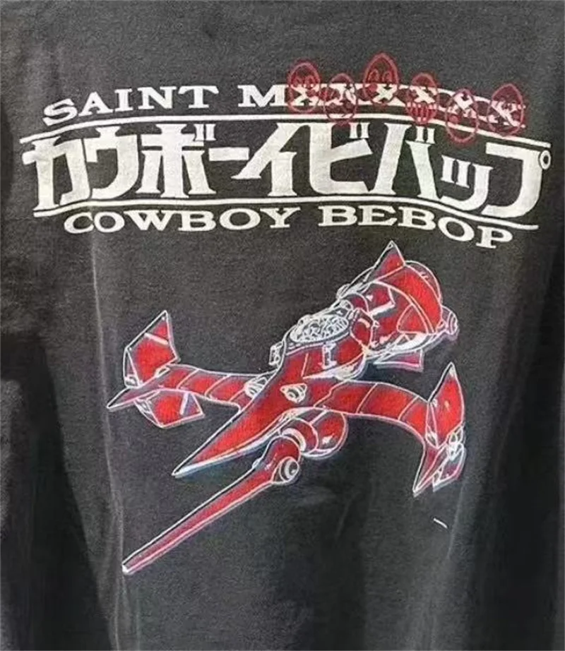 Summer Saint Washed Do Old Long sleeved Tshirts Retro Japanese Comic Print Men's Women's T-shirts Fashion Round Neck Pullovers