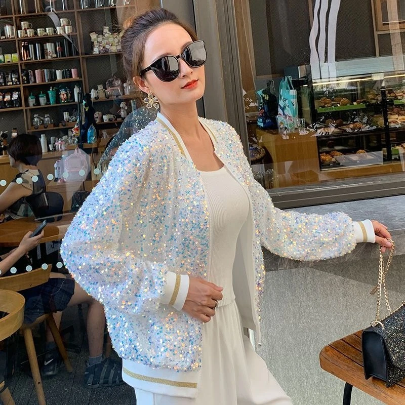 

Women's Fashionable Long Sleeve Shiny Sequin Embroidered Cardigan Loose Korean Style Baseball Jacket Outerwear for Spring Autumn