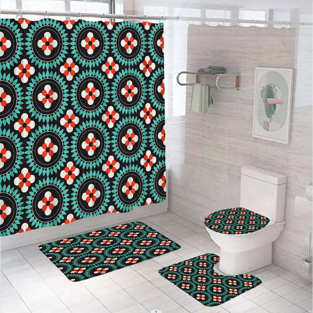 Colorful Geometric Morden Bathroom Set Fabric Shower Curtain Soft Rug Bath Mat Lid Toilet Cover Carpet Bathtub Screen Home Decor