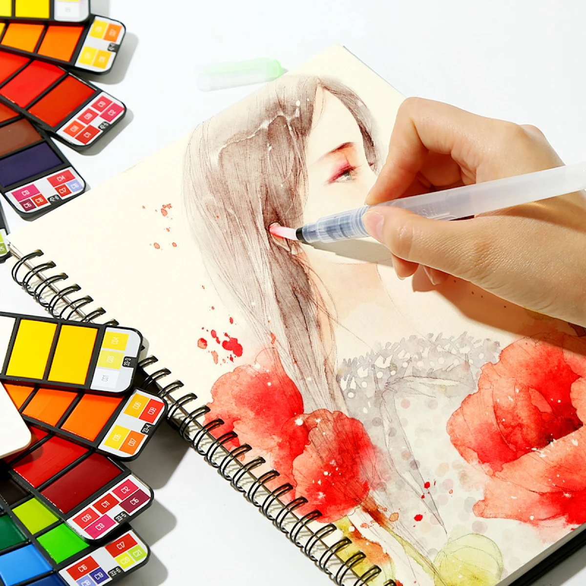 18/24/42/60 Solides Aquarell-Pigment-Set, faltbar, für Reisen, Aquarell mit Wasserpinselstift, kunstvolles, fächerförmiges Malwerkzeug – Detail 6
