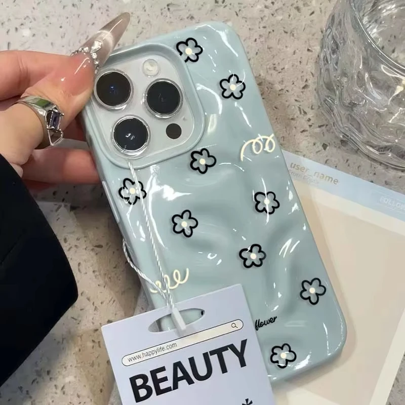 لطيف الأسود خط زهرة الكرتون الكورية قضية الهاتف آيفون 16 15 14 زائد 13 12 11 برو ماكس طيات الملمس Kawaii لينة غطاء حالات #3