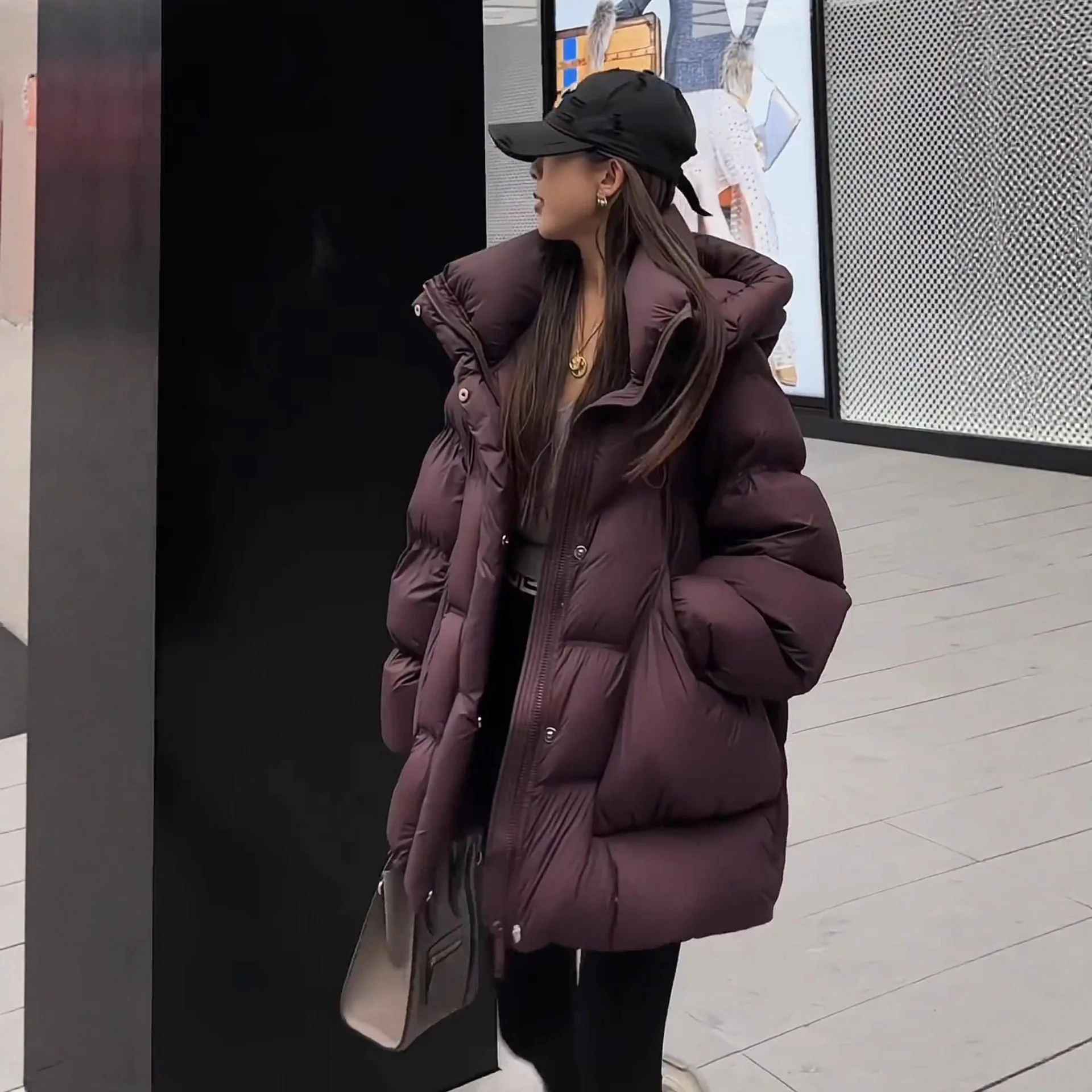 معطف شتوي جديد لعام 2025 بقلنسوة فضفاض كبير شرنقة دافئة منتفخة معطف نسائي غير رسمي متوسط الطول سترة بيضاء مبطنة سترة خارجية #3