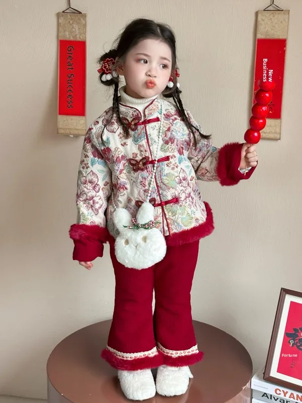 

Традиционный китайский комплект из двух предметов на подкладке для девочек для новогодних торжеств. Детский наряд ханьфу. Детское новогоднее платье.
