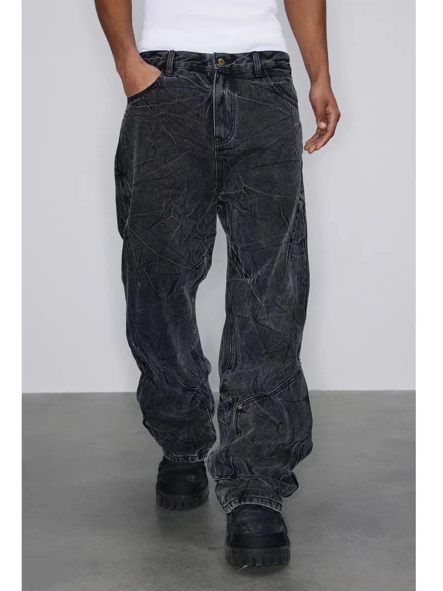 American Sle Cleanfit Retro Snowflake Waed Jeans Pria Heavy Du Vintage Pola Gelombang Kaki Lurus Kasual Katun Denim