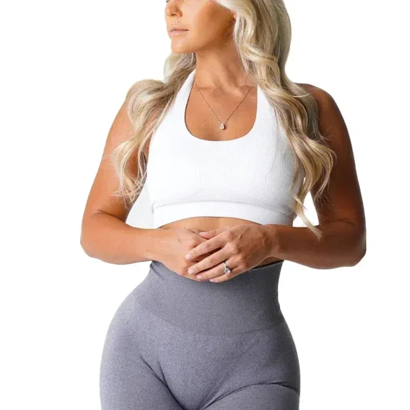 Limitless com nervuras sem costura halter sutiã elastano mulher fitness elástico respirável realce do peito lazer esportes roupa interior