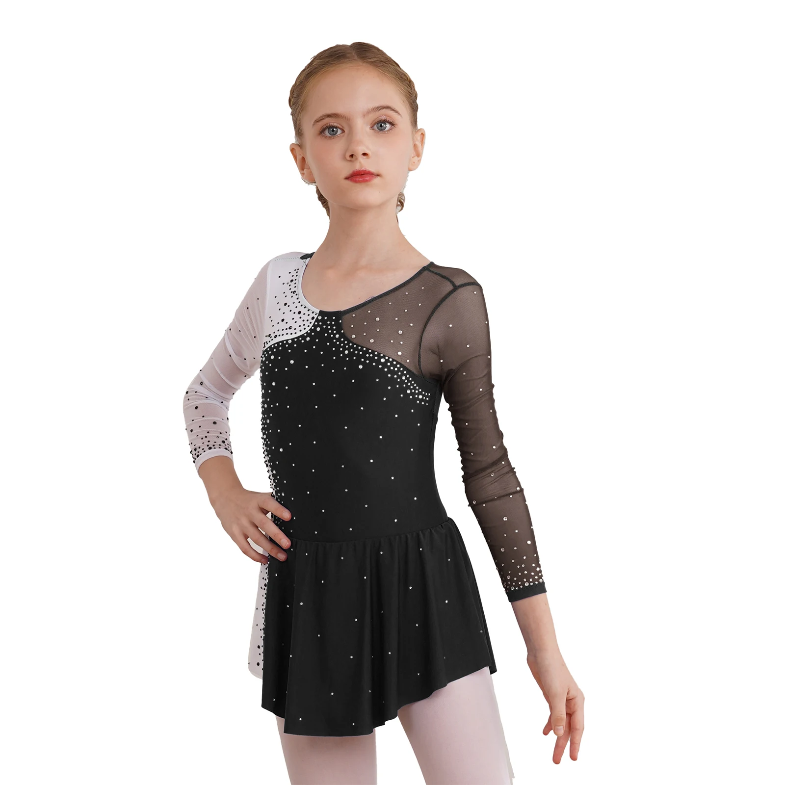 

Kids Girls One Pieces Figure Skating Dance Dresses Round Neck Shiny Rhinestone Patchwork Color Block Skirt for Stylish Clothing
