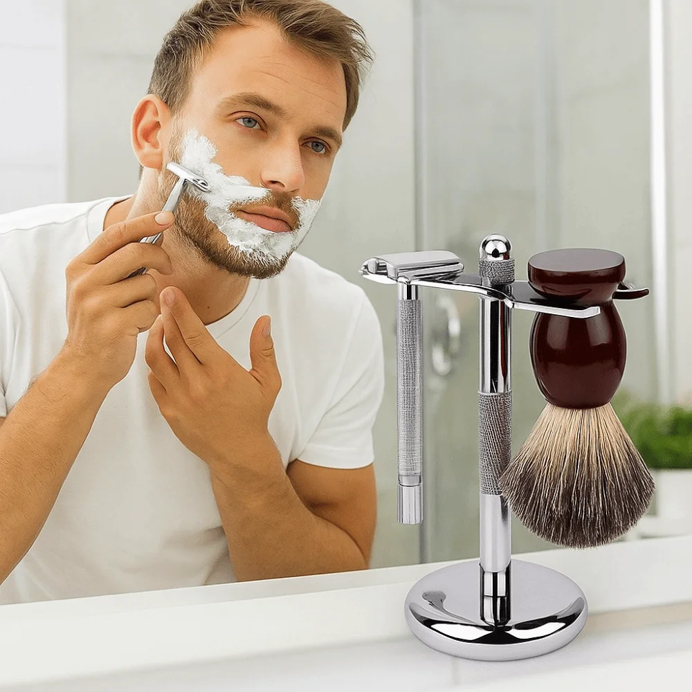 

Alloy Construction Razor and Brush Stand Weighted Bottom Chrome Finish Shaving Brush Stand Safety Extra Wide Openings