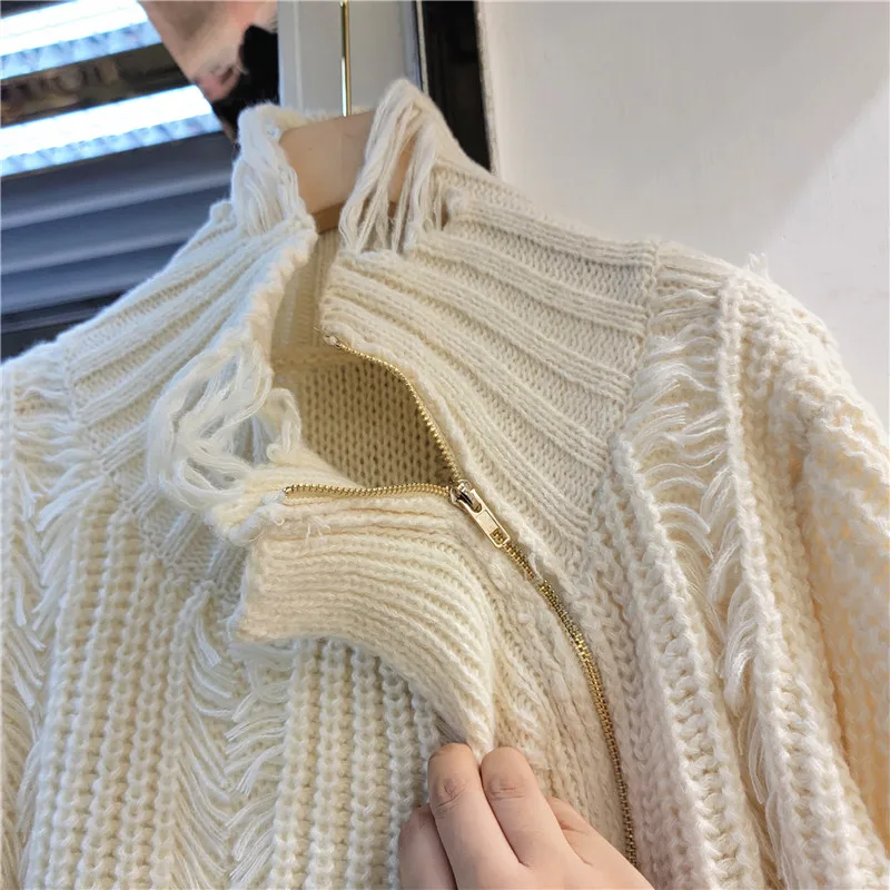 Cappotto maglione strappato con nappe asimmetriche moda coreana femminile 2023 autunno inverno dolcevita con Zip maglione lavorato a maglia marea