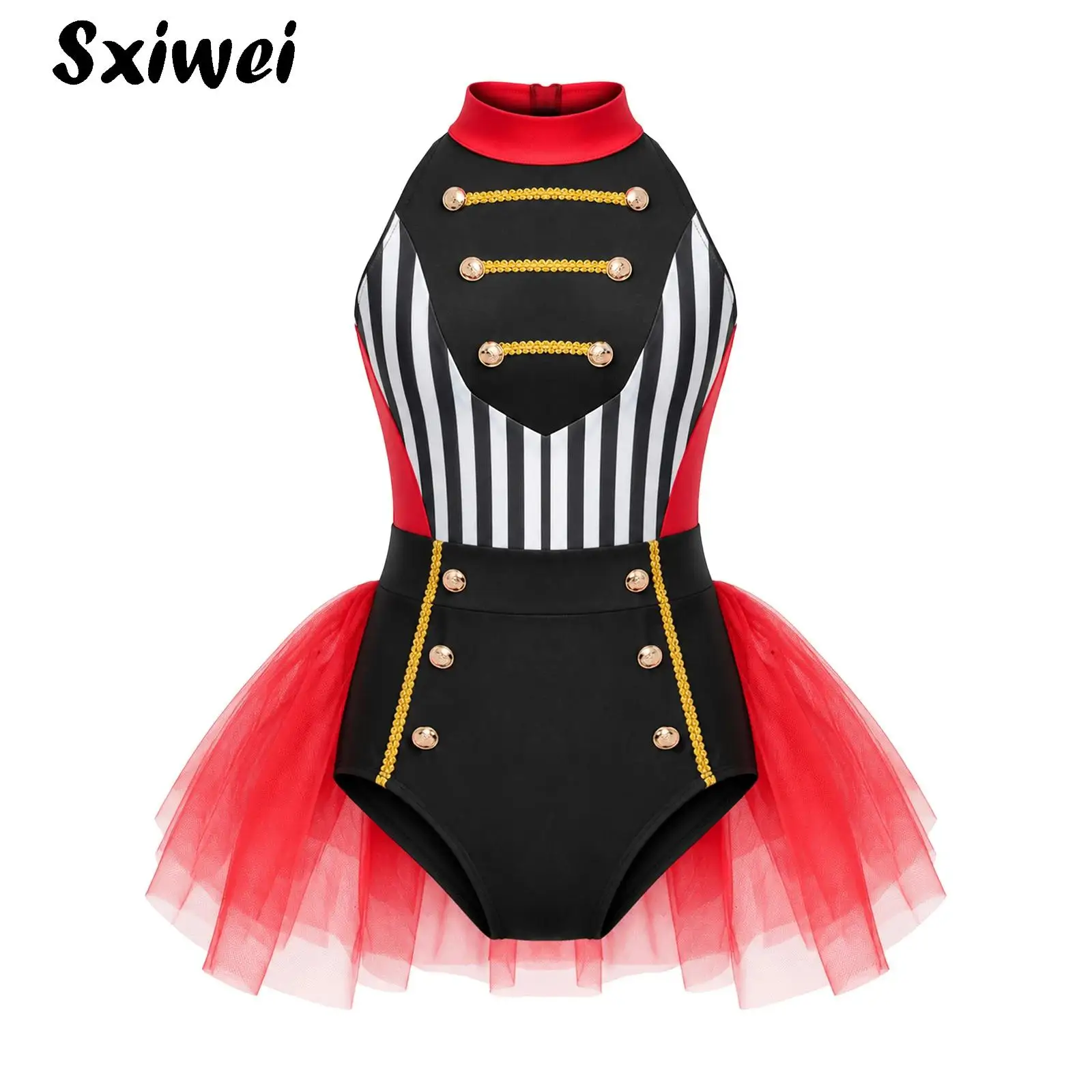 Kids Girls Circus Ringmaster Costume Jumpsuit Halter Sleeveless Gold Trim Tulle Skirted Leotard Halloween Lion Tamer Dress Up