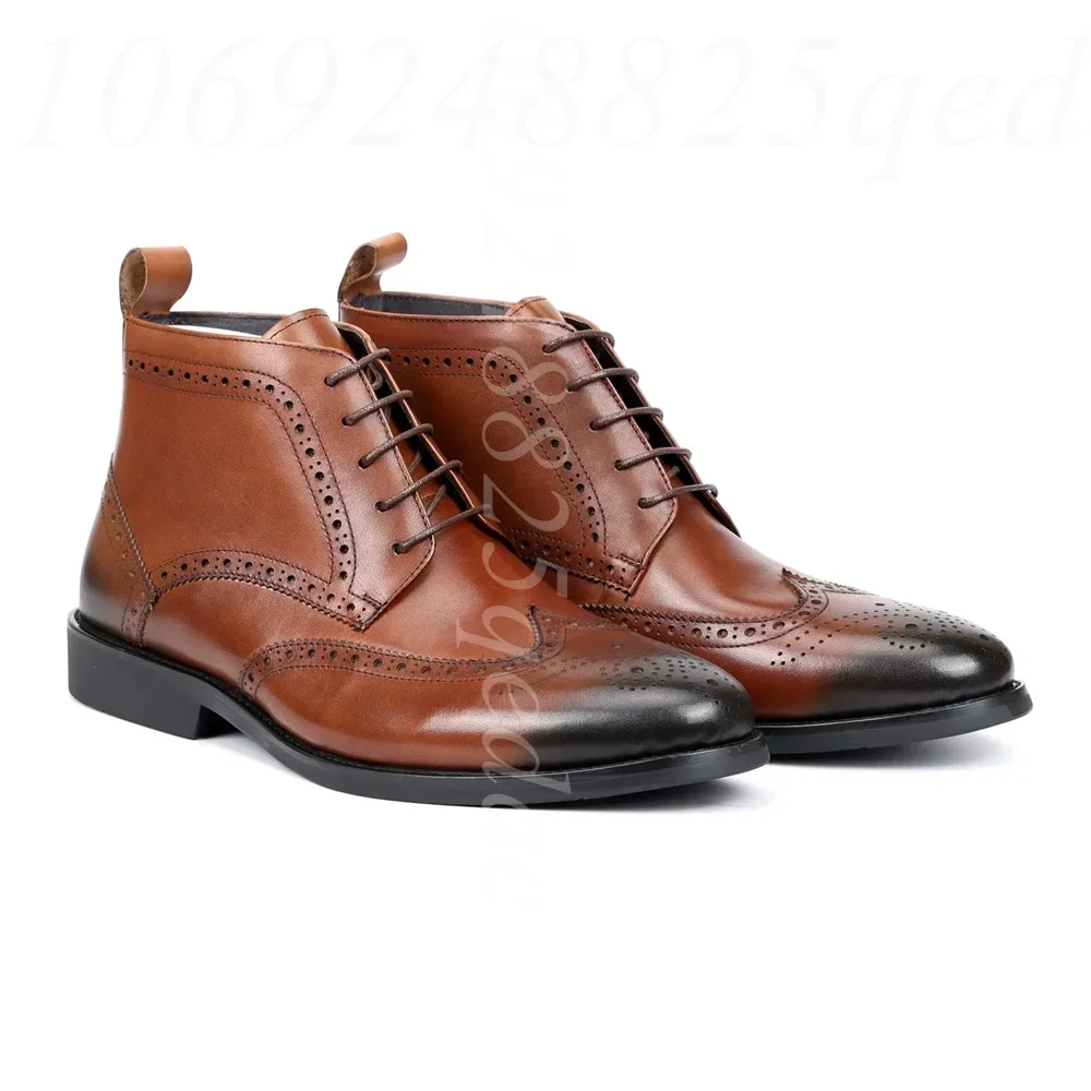 Lace-Up Brogue Chukka Boots, Wingtip Detail, Burnished Finish, Pointed Toe, Non-Slip Rubber Sole, Comfortable Footwear for Men