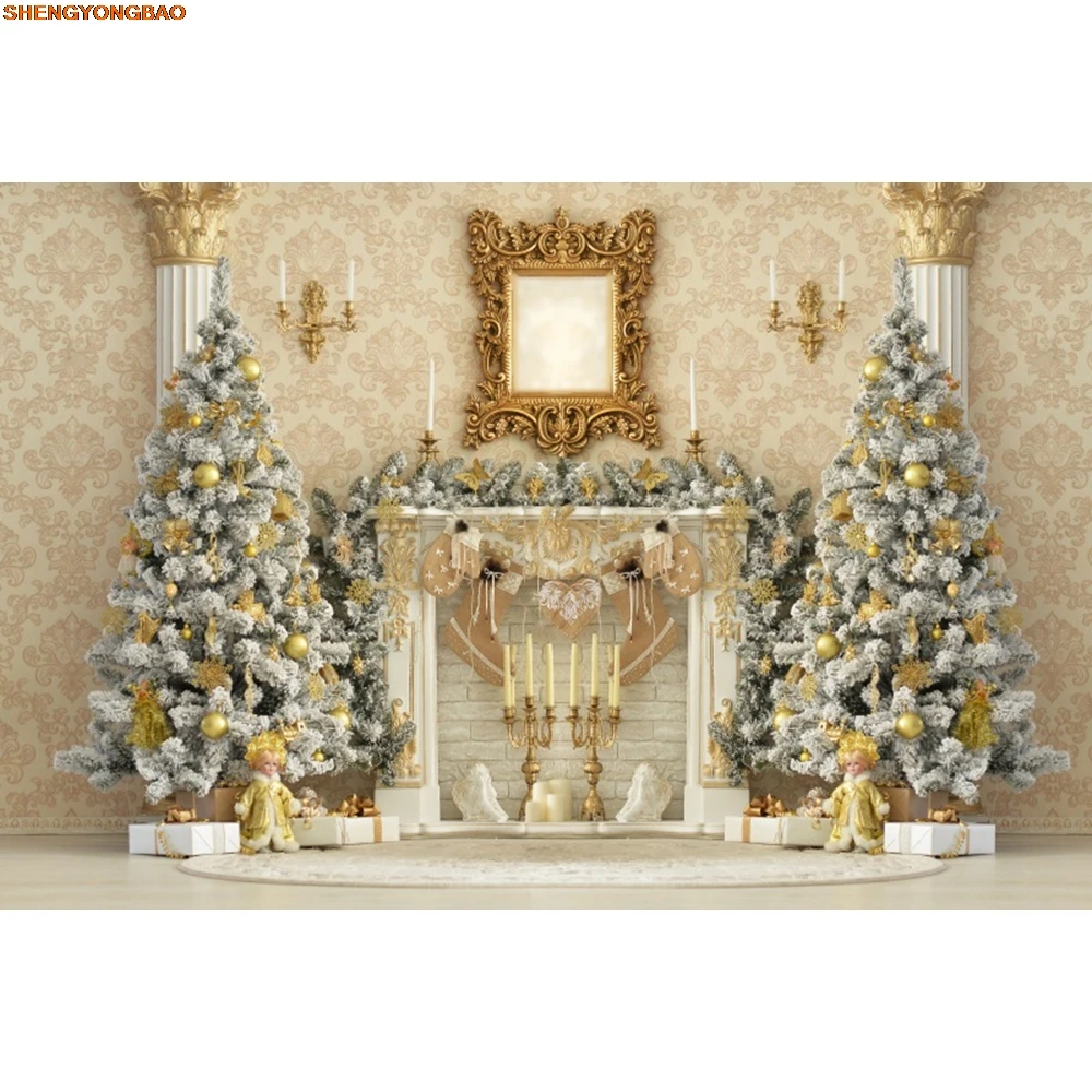 عيد الميلاد الموقد خلفيات للتصوير الفوتوغرافي الشتاء شجرة عيد الميلاد هدية الأسرة حفلة ديكور المنزل صورة الطفل خلفية استوديو الصور