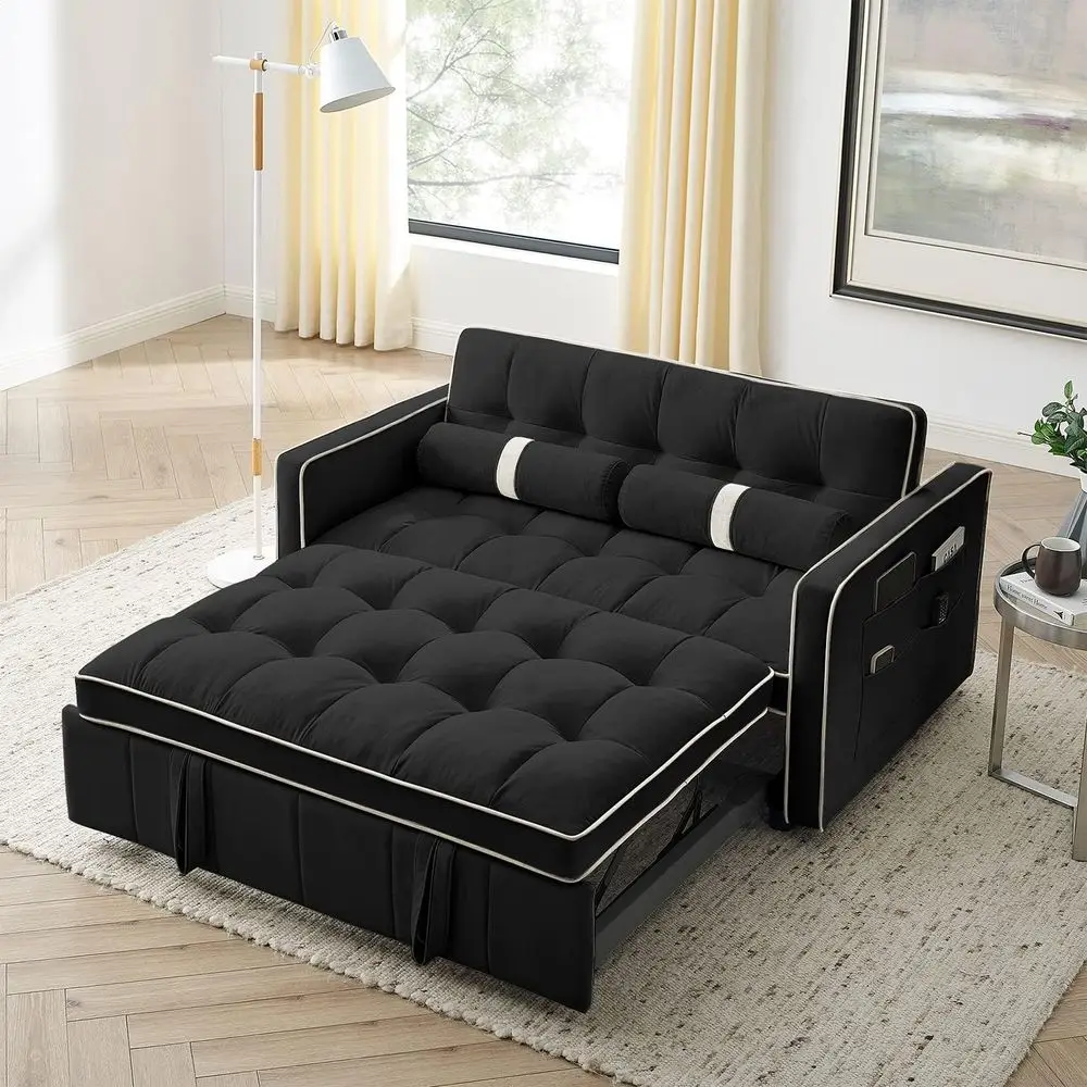 

Convertible Velvet Loveseat Sofa Bed with Pullout, Adjustable Backrest, Cylinder Pillows, Easy Assembly, Black, 55.5