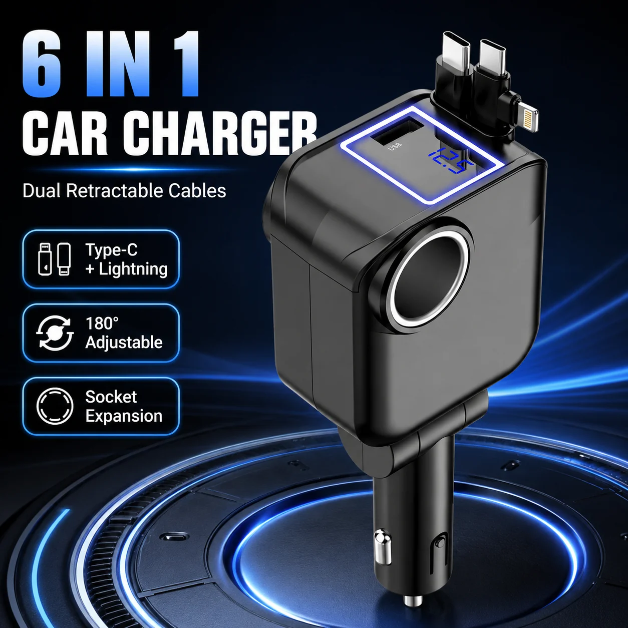 6 in 1 Retractable Car Charger Dual Type C Lightning Cables 60W Socket Expansion LED Display 180 Degree Adjustable