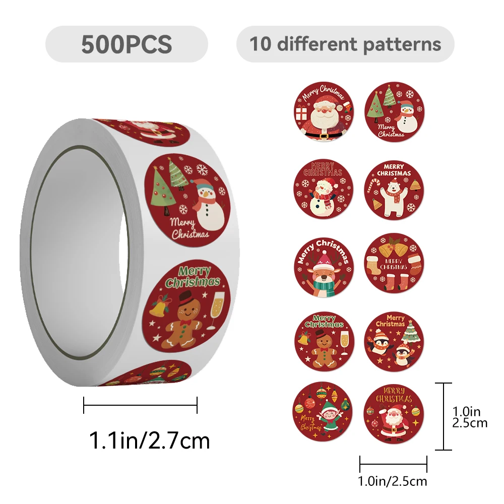 500pcs/roll Christmas Roll-Up Stickers Notebook Scrapbook Holiday Decorations Water Cup Guitar Gift Box DIY Stick-On Artwork