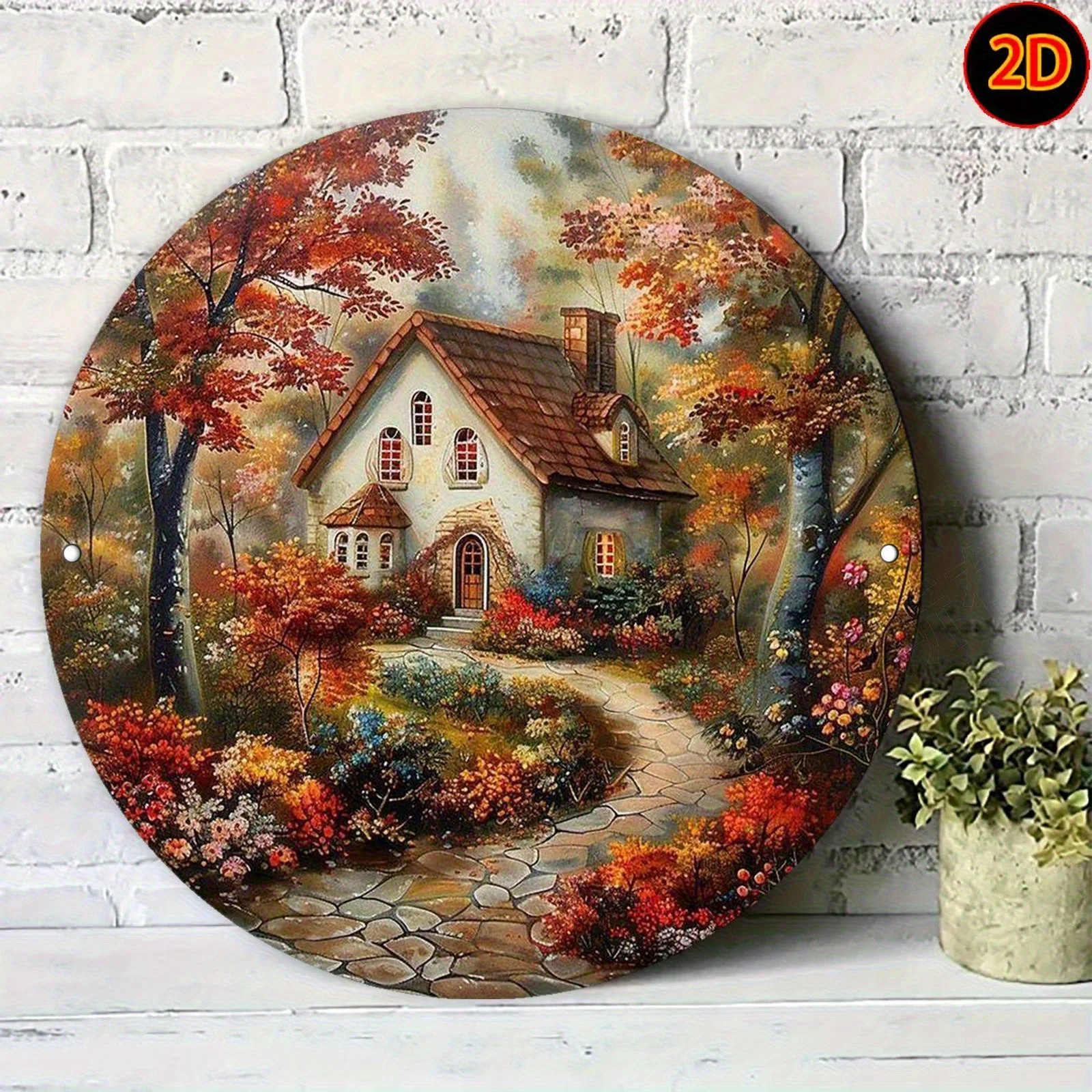 2D Flat - [2D Flat] A Vintage-Style Round Aluminum Print Depicting an Autumn Cottage Scene, Perfect for Decorating Walls in Bedr