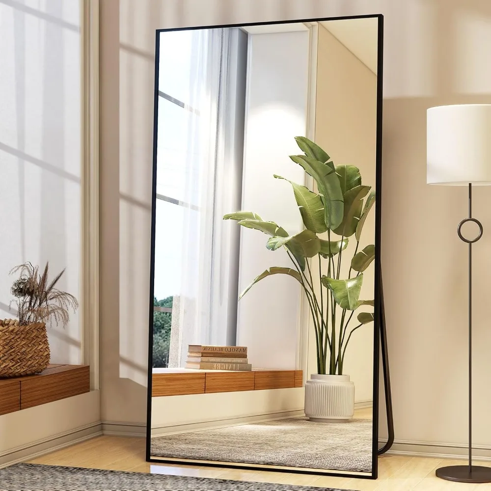 Espelho de comprimento total de 34 "x 76" com suporte, espelho de chão retangular grande para quarto, sala de estar ou armário, montado na parede ou independente