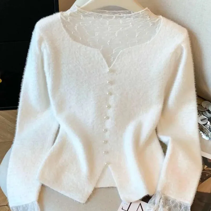 

Новинка 2026, осенний искусственный двухсекционный кружевной свитер, трикотаж, женский модный повседневный вязаный джемпер, свободный женский свитер, пуловер