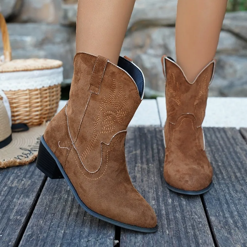 

2025 модные однотонные женские сапоги средней высоты, сапоги на среднем каблуке, ковбойские сапоги в стиле вестерн с вышивкой, классическая женская обувь на низком каблуке