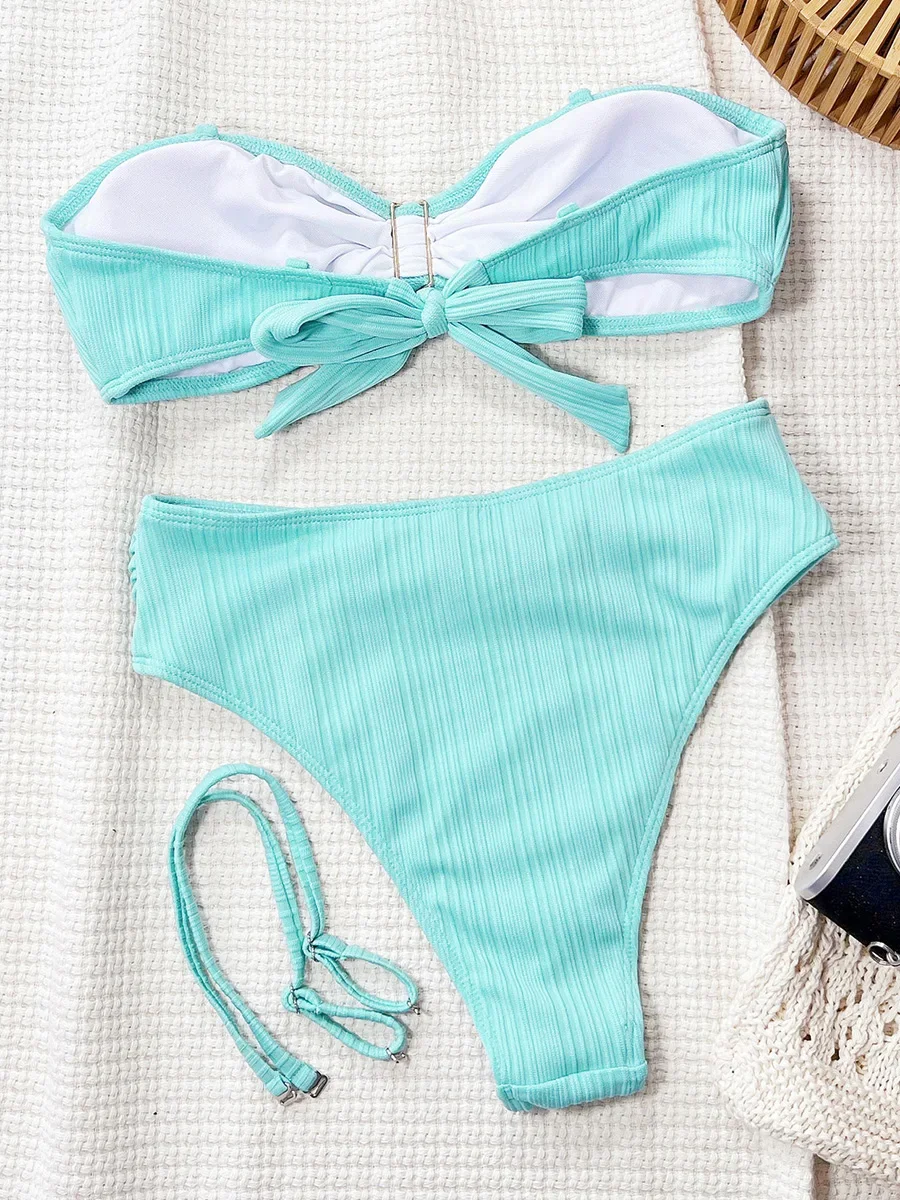 Metal Shell Bandeau Female Swimsuit High Waist Bikini Women Swimwear Two-pieces Bikini Set Ribbed Bather Bathing Suit Swim Lady