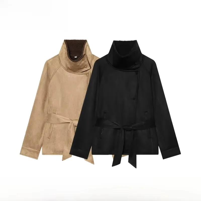 Guobioziy Turtleneck Women Outerwear Faux Suede Tie Waist Jacket Vintage Distressed Cropped Coat Shoulder Tab Detail
