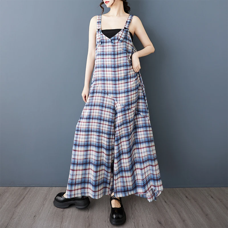 レトロな格子柄ワンピースワイドレッグパンツ レディース 夏 ルーズ プラスサイズ ワイドレッグパンツ トレンド スカートパンツ ハイウエスト チノパン