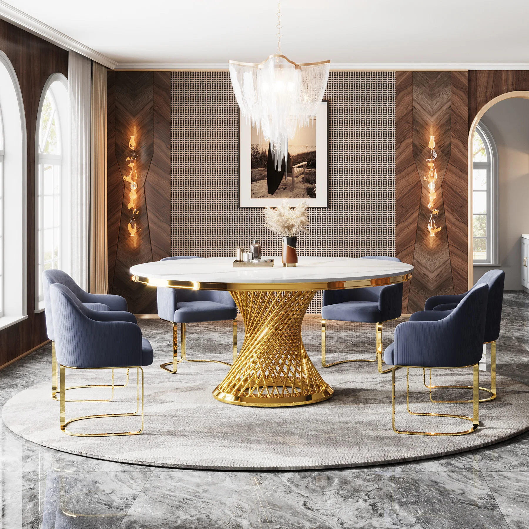 Dining table rock slab round light luxury household living room dining table hotel banquet large round table overseas warehouse