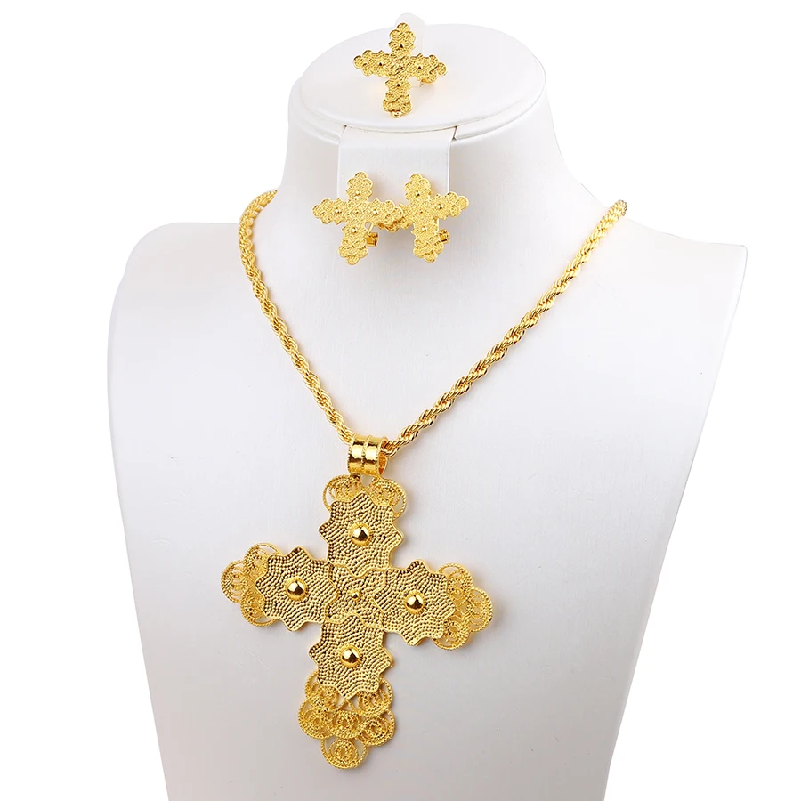 Ethiopian 4pc Golden Cross 80CM Necklace Earrings Rings African Party Jewelry Set Women Girls Eritrean Habesha Accessories