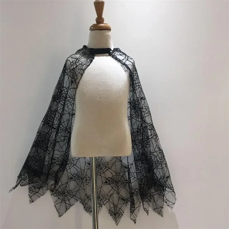 Carnavalskostuum Halloween Spinneweb Spider Mesh Cape Mantel Volwassen Kind Gothic Horror Robe Terror Outfit Mannen Vrouwen Kinderen Zwart Kant