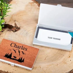 Custom Walnut Wood Clip Personalized Card Case Box Holder Laser Engrave LOGO Wooden Metal High-end Business Cardcase for Company
