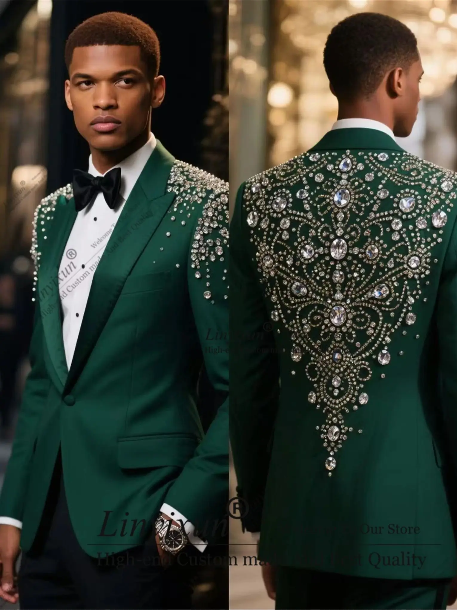 

Shiny Vevet Men Suit 2 Pieces Sets Groom Male Blazers Slim Fit Customized Wedding Tuxedos High End Beaded Crystals Ropa hombre