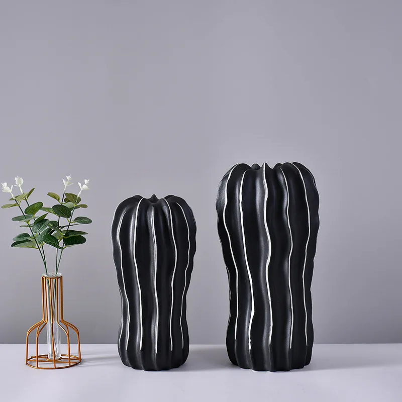Black and White Striped Ceramic Vase Handmade Irregular Ornaments Handicrafts Flower Home Decoration Accessories