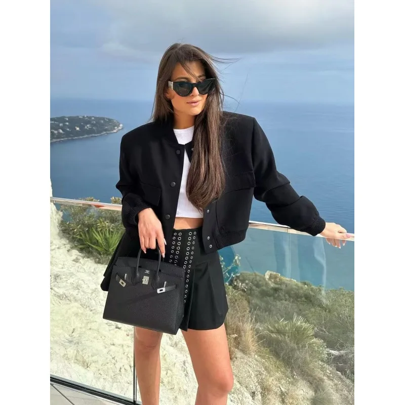Solid Cargo Pocket Cropped Bomber Jacket Ribbed Collar Cuff Hem Snap Button Loose Long Sleeve Casual Flight Outer Coat 260602
