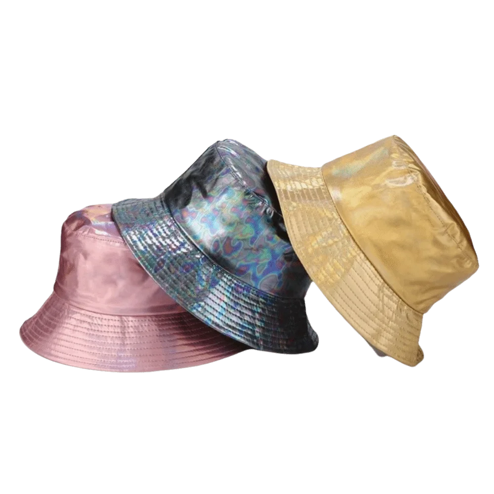 Leather Luminous Bucket Hat Single Sided Wide Brim Laser Rainbow Fisherman Hat Silver Solid Color Shiny Sun Cap Hip Hop Street