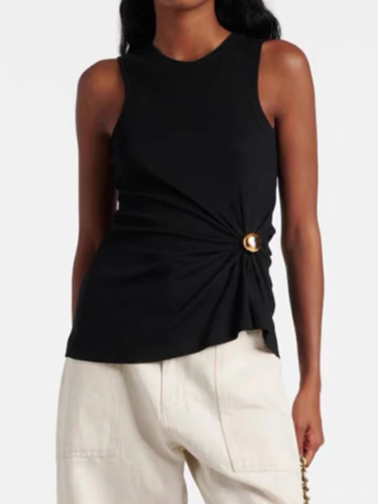 

Light luxury round neck pleated gold button T-shirt spring and summer women's new irregular fashion Joker bottoming shirt top