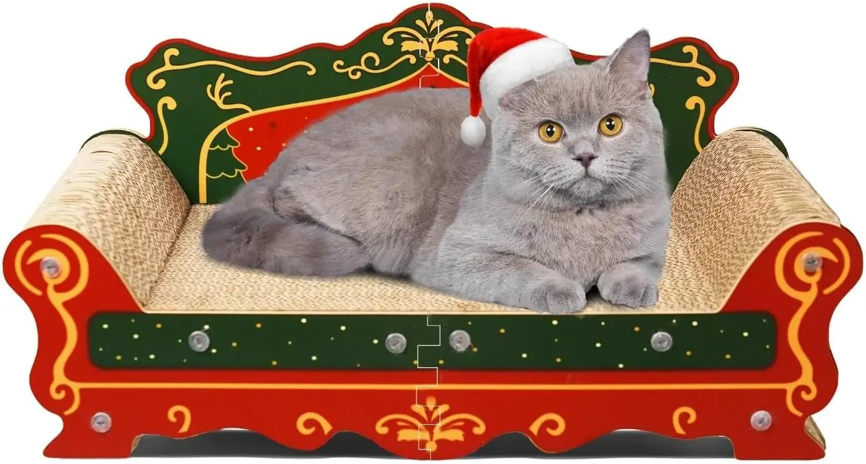 

Диван-когтеточка с рождественской тематикой, когтеточка из плотного картона (красный, 23 дюйма Д x 12,2 дюйма Ш x 10,7 дюйма В)