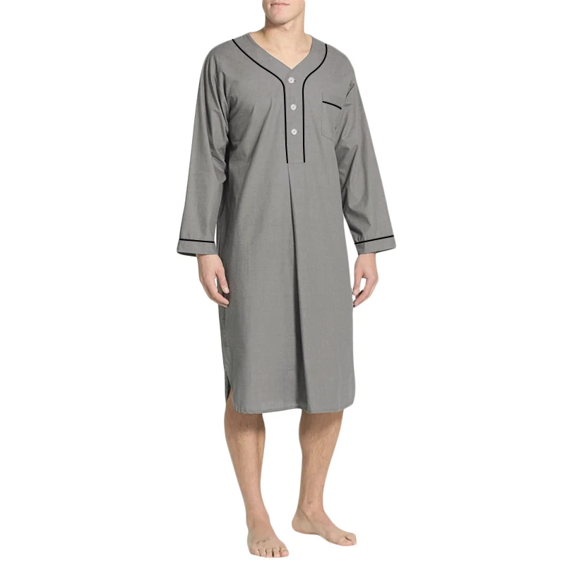 Männer V-Ausschnitt Leinen Robe Roll Up Kurzarm solide lange Nacht kleid lässig lose Hemd Kaftan Thobe mit Tasche