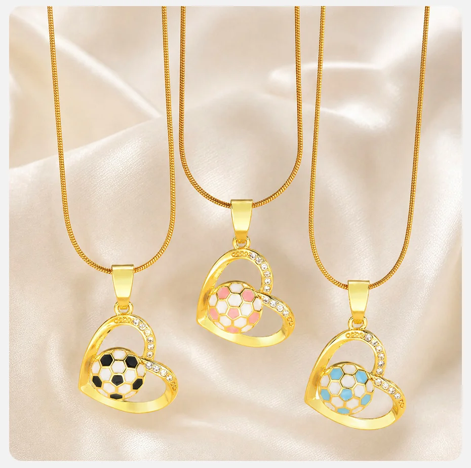 Vnox Vergoldete Herz-Fußball-Anhänger-Halskette für Frauen, Trendiger Bunter Emaille-Sportanhänger, Geschenke für Fußballfans, Schmuck – Detail 5