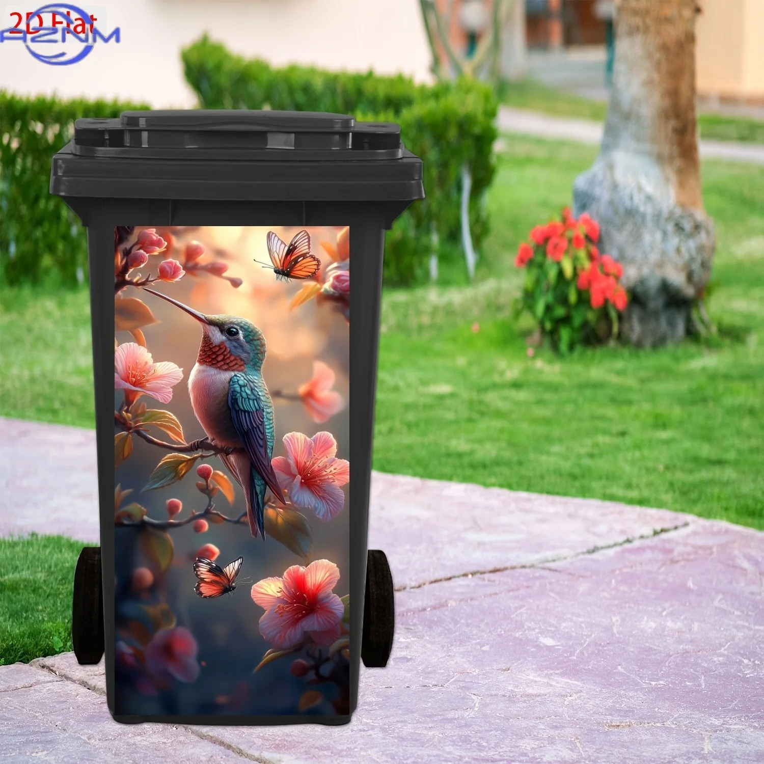 A Floral And Cute Hummingbird Themed Trash Can Sticker, Made of Self-Adhesive Waterproof PVC, Moisture-Resistant, Suitable for