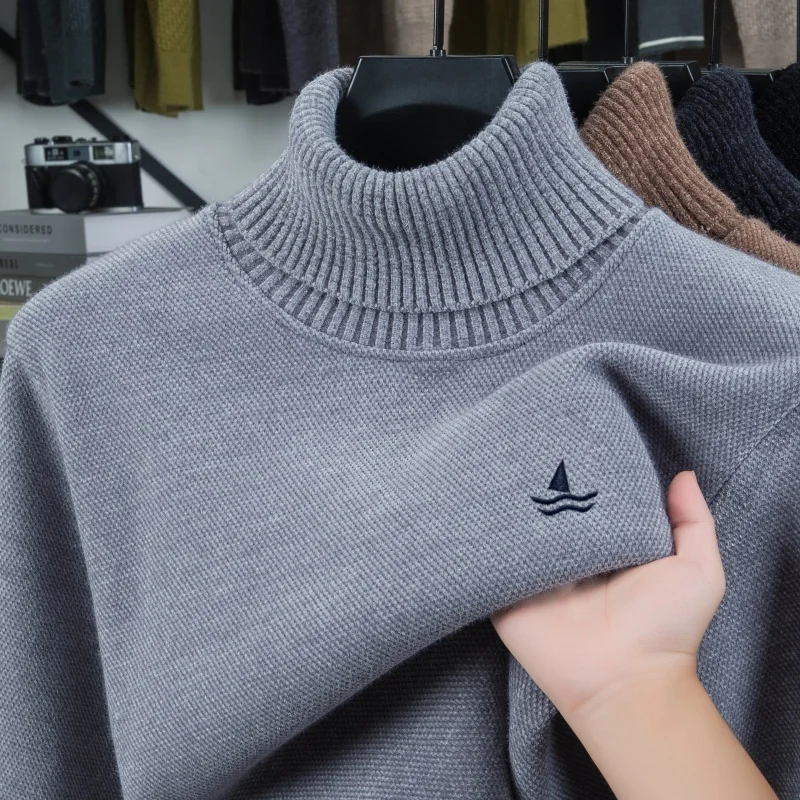 Advanced trend knitted high neck sweater men's luxury brand soft comfort plush warmth new sailboat embroidery casual pullover