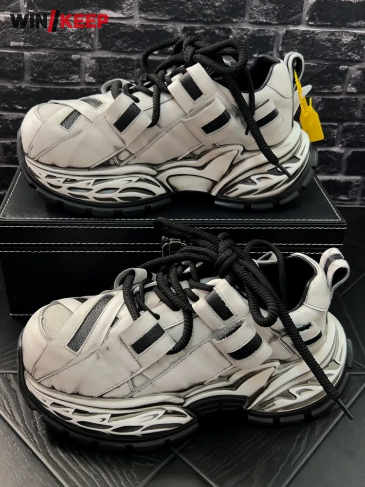 

Male Lace Up Comfortable Breathable Sport Sneakers Spliced Genuine Leather Running Shoes Thick Platform Joggers Training Shoes