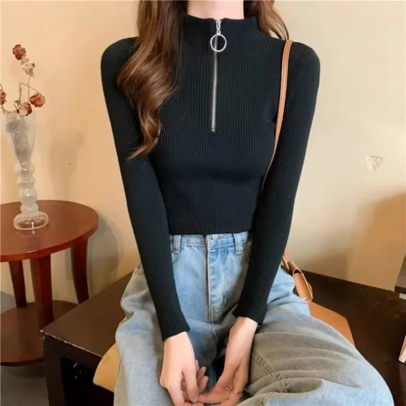 

Spring Autumn Skinny Elastic Knitted Shirt Women Pullover Sweater Tops Female Long Sleeve Slim Mock Neck Knit Bottoming Shirts