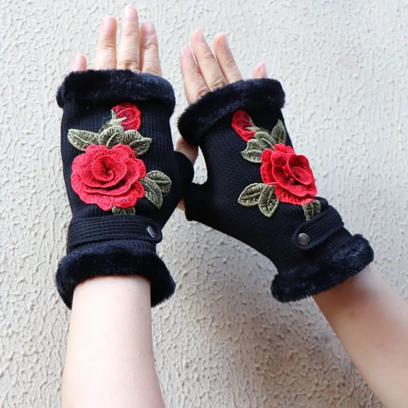 3D Floral Embroidered Fingerless Gloves Winter Autumn 2023 Half Gloves Women Elegant Evening Girlfriend WiFe Gift