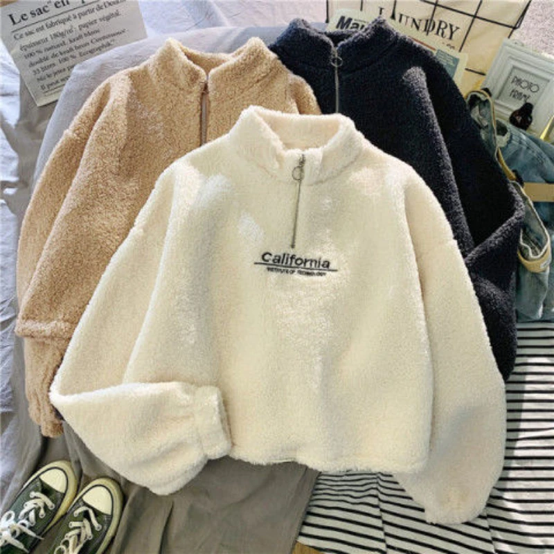 Women Patchwork Hoodies Stand Collar Lambswool Fashion Warm Cozy Loose Outerwear for Students Harajuku Winter New Sweatshirts