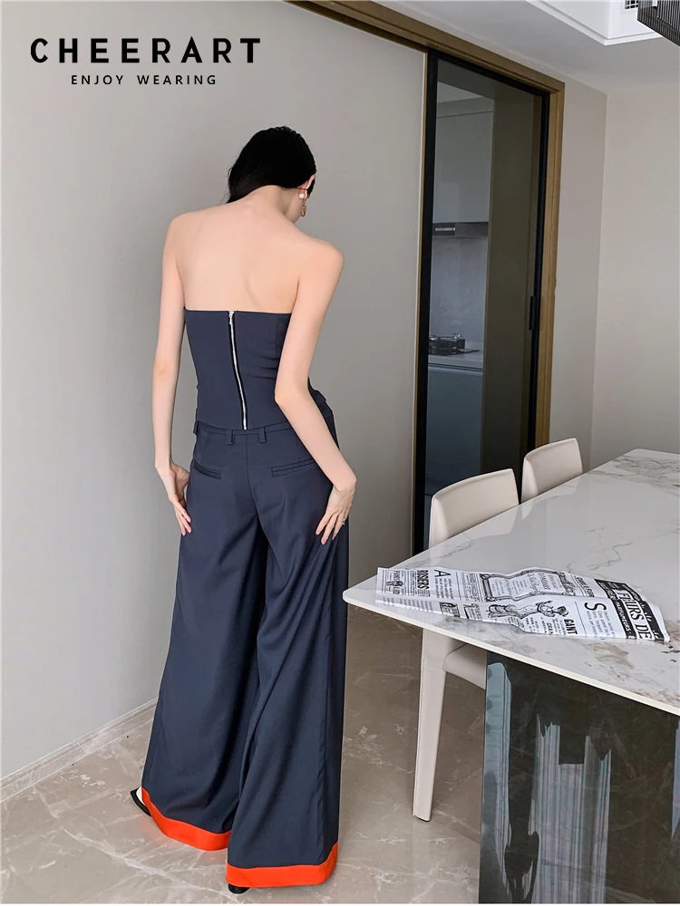 CHEERART Summer 2 Piece Sets Women Outfit 2023 Grey Tube Top And Wide Leg Pants Runway High Fashion Designer Clothes