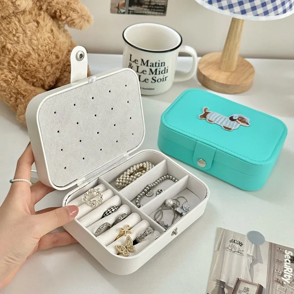 PU Leather Trinkets Storage Organizer Lovely Dog Cartoon Sausage Puppy Jewelry Storage Case Solid Color Large Capacity