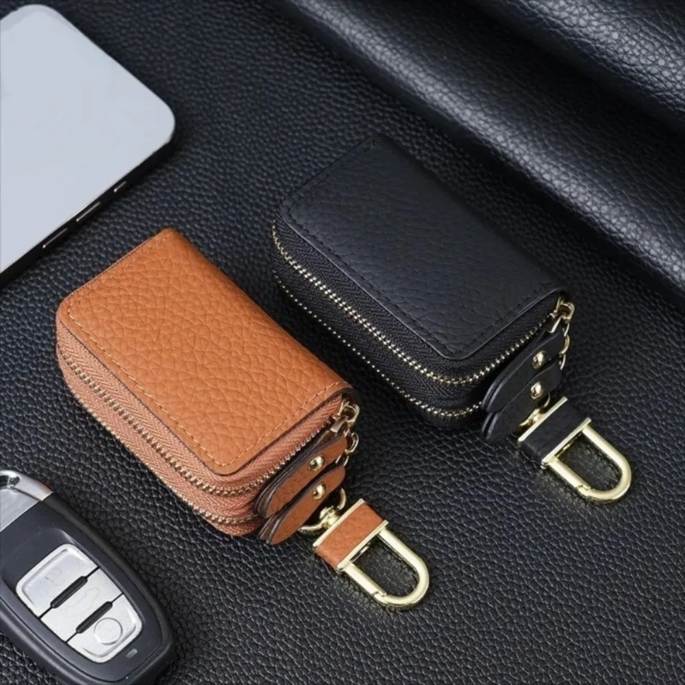 Unisex Double-Layer Car Key Bag Genuine Leather Lychee Pattern Car Key Protection Case Zipper Portable Household Key Holder