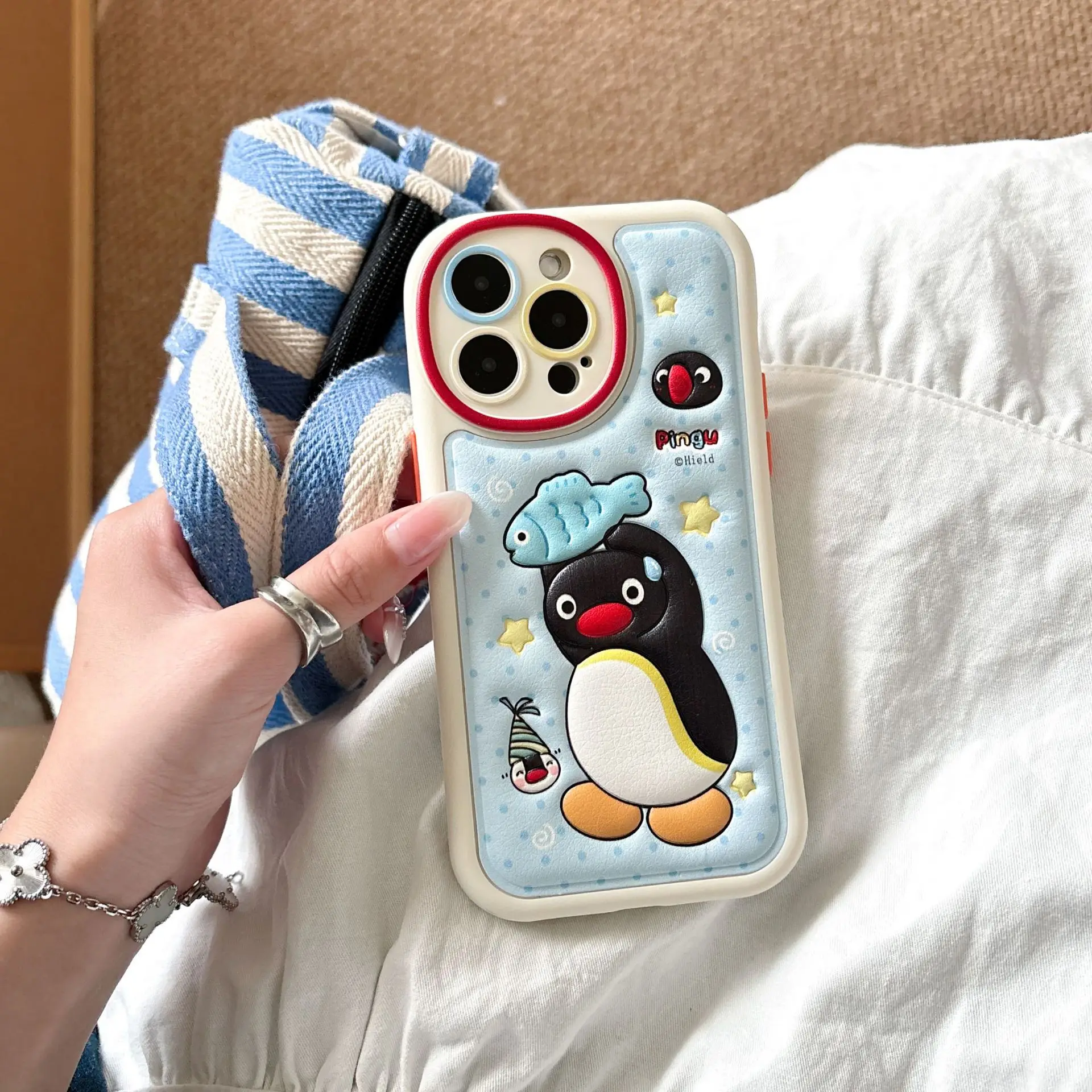 Cute Blue Fish Catching Penguin Bizarre Creative Skin Pattern Soft Shell Suitable for IPhone 16 Promax Pro15 Pro1413 Phone Case
