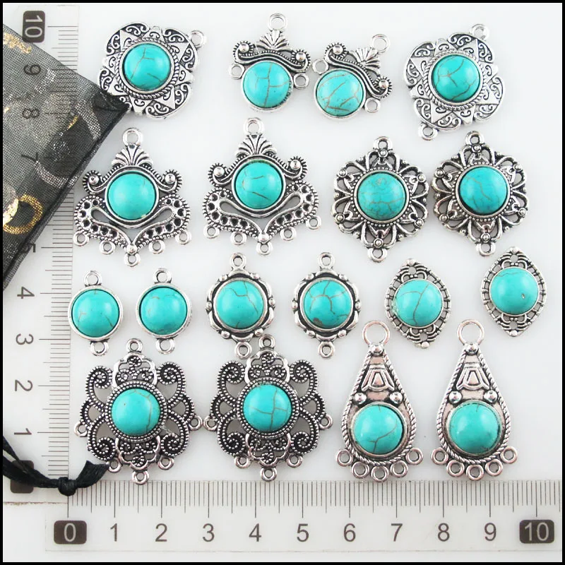 Retro Tibetan Silver Plated Teardrop Flower Eye Heart 10mm Round Turquoise Stone Charms Pendant Connectors