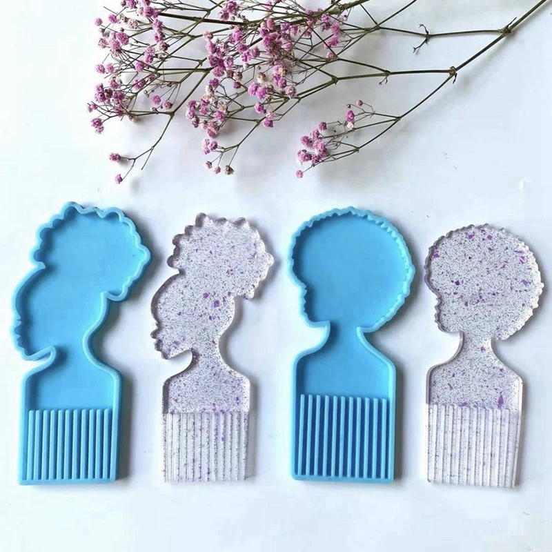 AG-Afro Female Hair Pick Comb Resin Molds Head Large Beauty Silicone Molds For Resin 4 PCS