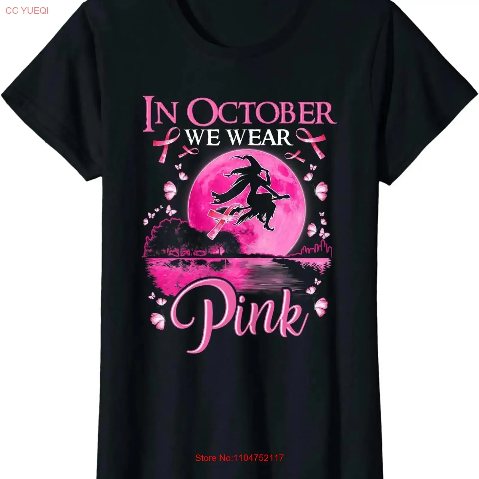 In October We Wear Pink Ribbon Witch Breast Cancer Ladies' Crewneck T Shirt long or short sleeves vintage Washed